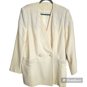 White Cream Wool Beaded Embalished  Skirt and Blazer Jacket Set Suit Size 20W